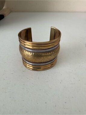 Gold-Tone Etched Cuff Bracelet with Silver Accents